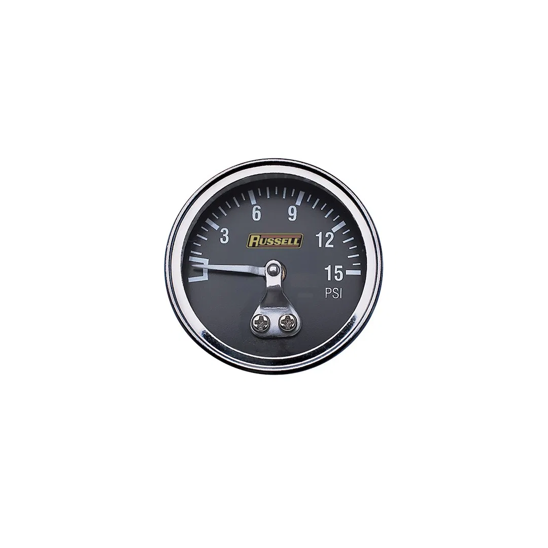 650350 – RUSSELL/EDEL Gauge Fuel Pressure, 15 psi fuel pressure gauge (Non liquid-filled) 1-1/2 Inch Diameter Short S...